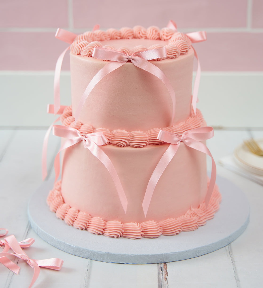 Pink Mini Two Tier Ribbons and Ruffles Cake