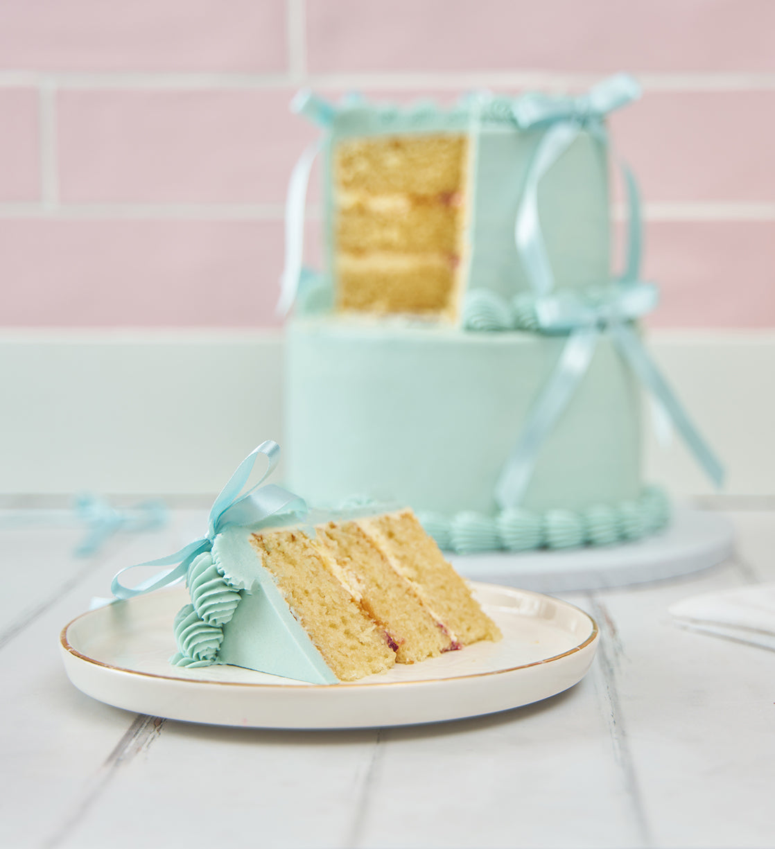 Blue Mini Two Tier Ribbons and Ruffles Cake