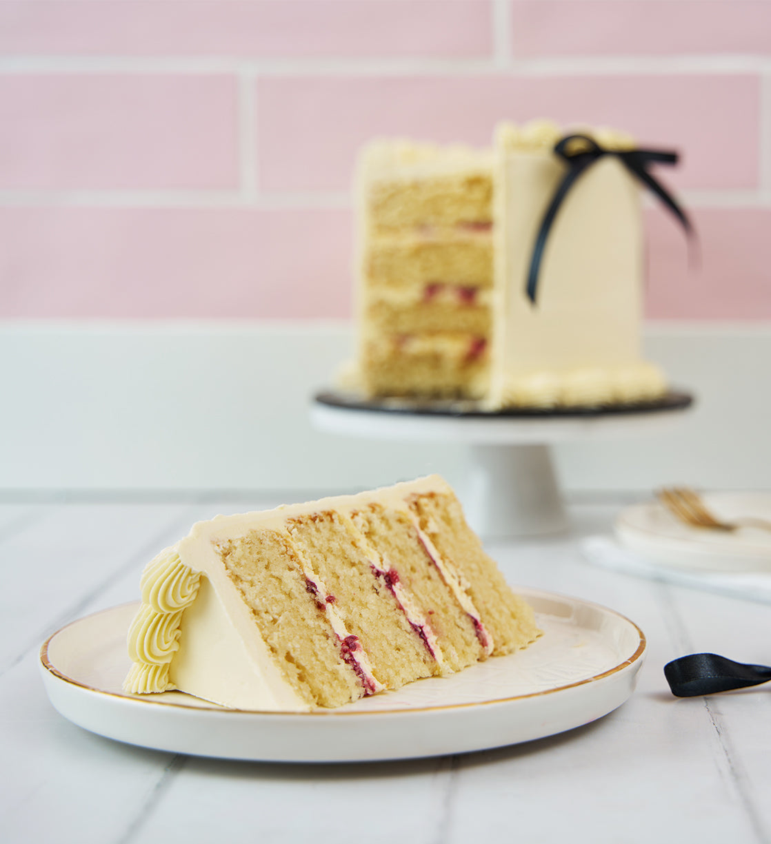 White and Black Ribbons and Ruffles Cake