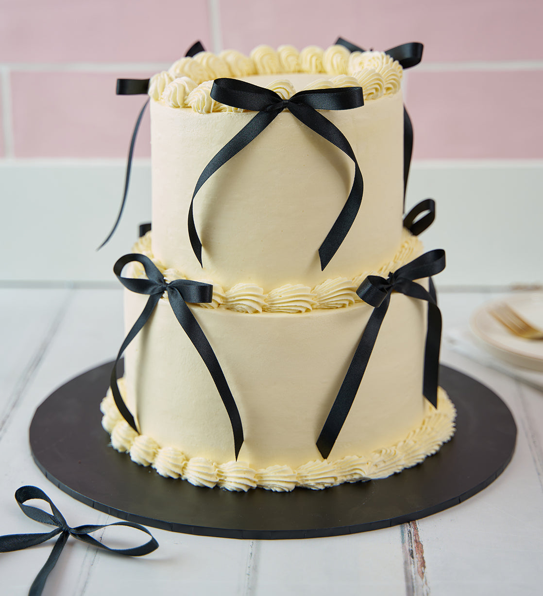 White and Black Ribbons and Ruffles Cake