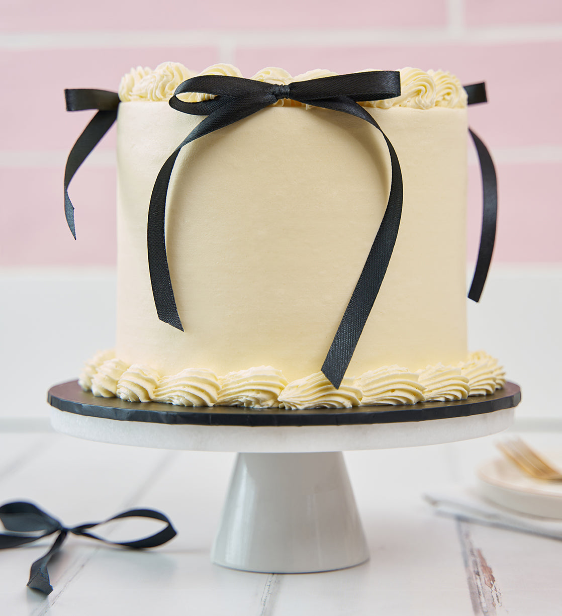 White and Black Ribbons and Ruffles Cake
