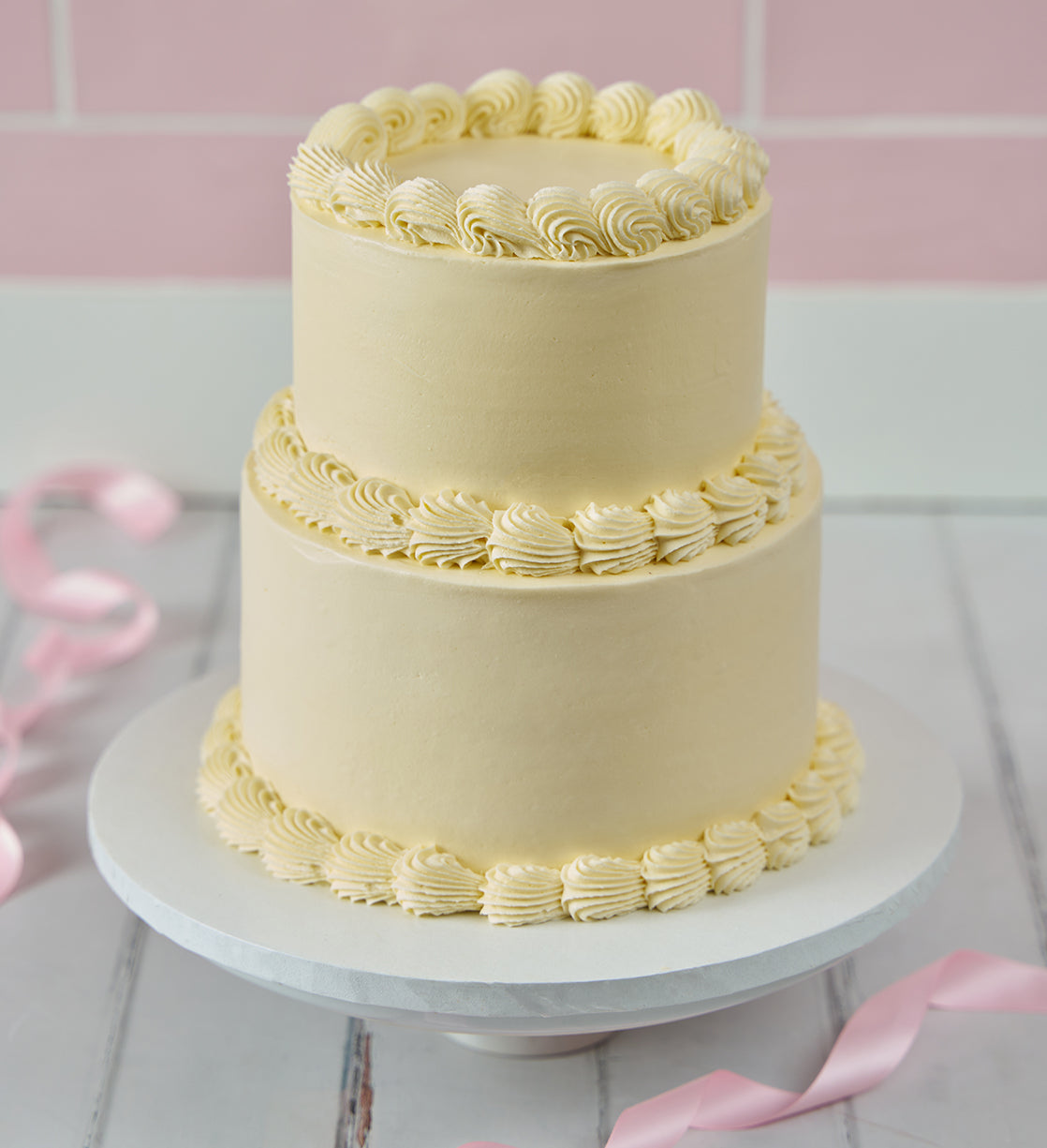 White Mini Two Tier Ribbons and Ruffles Cake